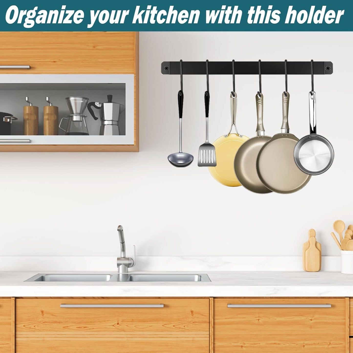 2 Pack Steel-made Kitchen Utensil Rack Organizer Wall-mounted Pot Pans Wall Hanger Holder for Coffee Mug Rack Cup Hanging Kitchen Black with 10 S Hooks
