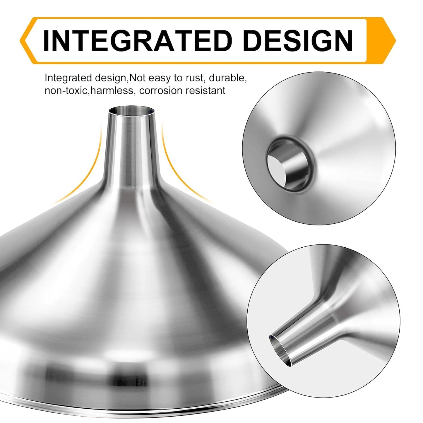 2 Pack Stainless Steel Kitchen Funnel Set for Filling Bottles - 2 Different Caliber Sizes, Seamless One-Piece Design for Transferring Oils Spices Powder Mixes (Easy to Clean)