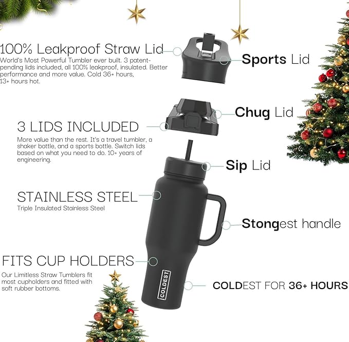 Coldest Tumbler with Handle and Straw - 100% Leak Proof Insulated Tumbler with Lid and Straw (3 Lids) - Stainless Steel Tumblers for Women & Men - Cup Holder Friendly Base, 46 oz (Ghosts)