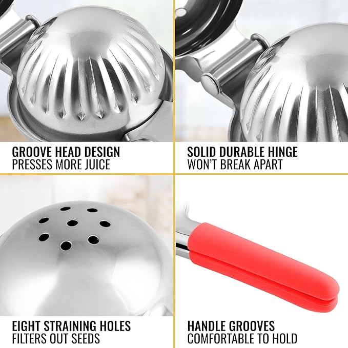 Zulay Lemon Squeezer Stainless Steel with Premium Heavy Duty Solid Metal Squeezer Bowl and Food Grade Silicone Handles - Large Manual Citrus Press Juicer and Lime Squeezer Stainless Steel (Red)