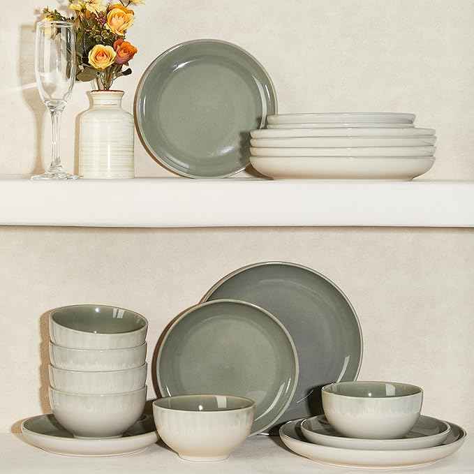 32 Piece Double Bowl Dinnerware Sets with Pasta Bowls, Highly Chip and Crack Resistant Plates and Bowls Sets, Natural Earthyware Ceramic Dishware Sets, Service for 8 Gradient Green