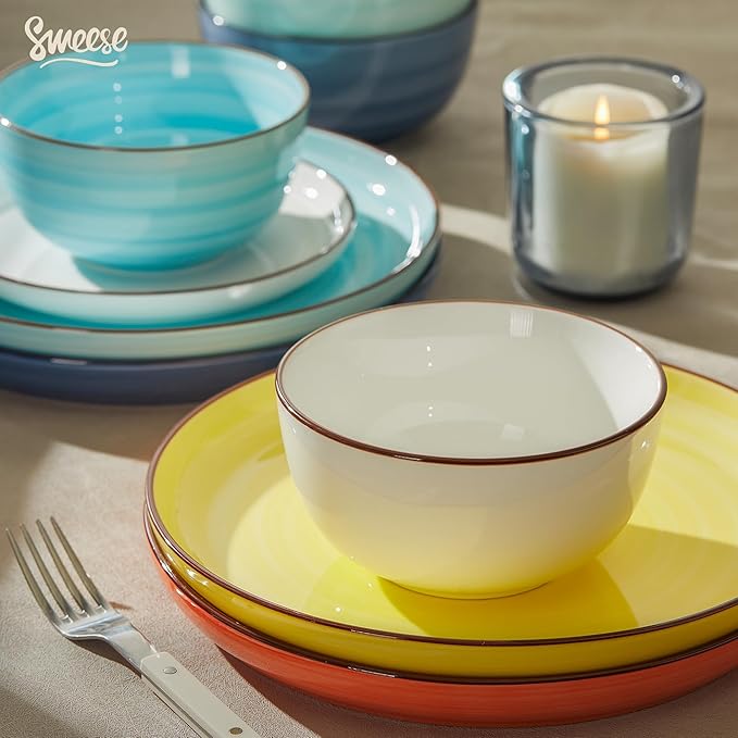 Sweese Plates and Bowls Sets, 18 Piece Dinnerware Set Porcelain Round Dinner Set for 6, Scratch Resistant Dishes Set, Dishwasher Oven Microwave Safe Handpainted Swirl Dishware Sets, Assorted Colors