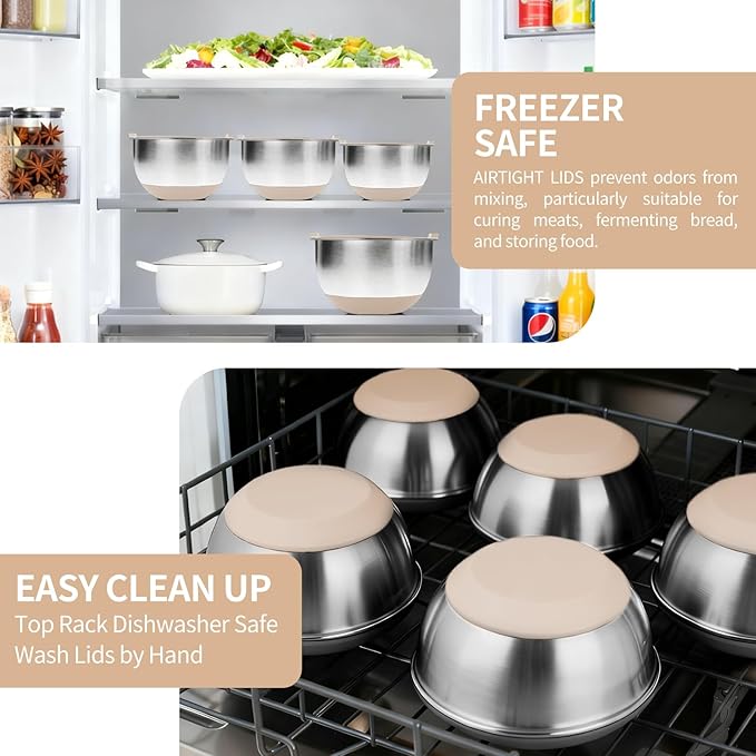 Deedro Premium Mixing Bowls with Airtight Lids Set, 22Pcs Thicker Stainless Steel Mixing Bowl Set, Large Prep Metal Bowls, Non-Slip Silicone Base Nesting Bowls for Kitchen, 1.5/2/3/4/5 QT, Khaki