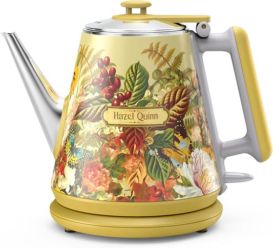 Hazel Quinn Retro X Eduardo Recife Collaboration Electric Kettle- 1 Litres / 34 Ounces Retro Small Tea Kettle, Double Wall, 304 Stainless Steel, 800W Fast Boiling, Cordless, BPA-Free, Auto Shut-Off