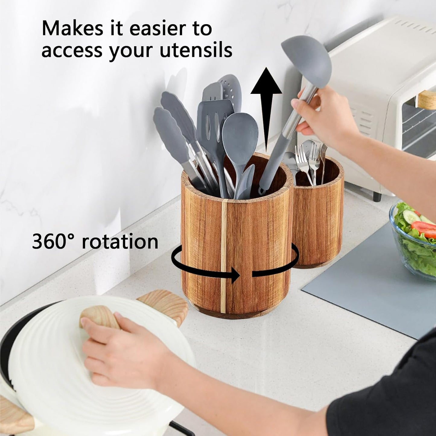 Acacia Wood Utensil Holder for Kitchen Counter, 360° Rotating 7.3"+5.7" Large Cooking Utensil Holder,Kitchen Utensil Crock for Countertop,Farmhouse Kitchen Decor,Spatula Holder Set of 2