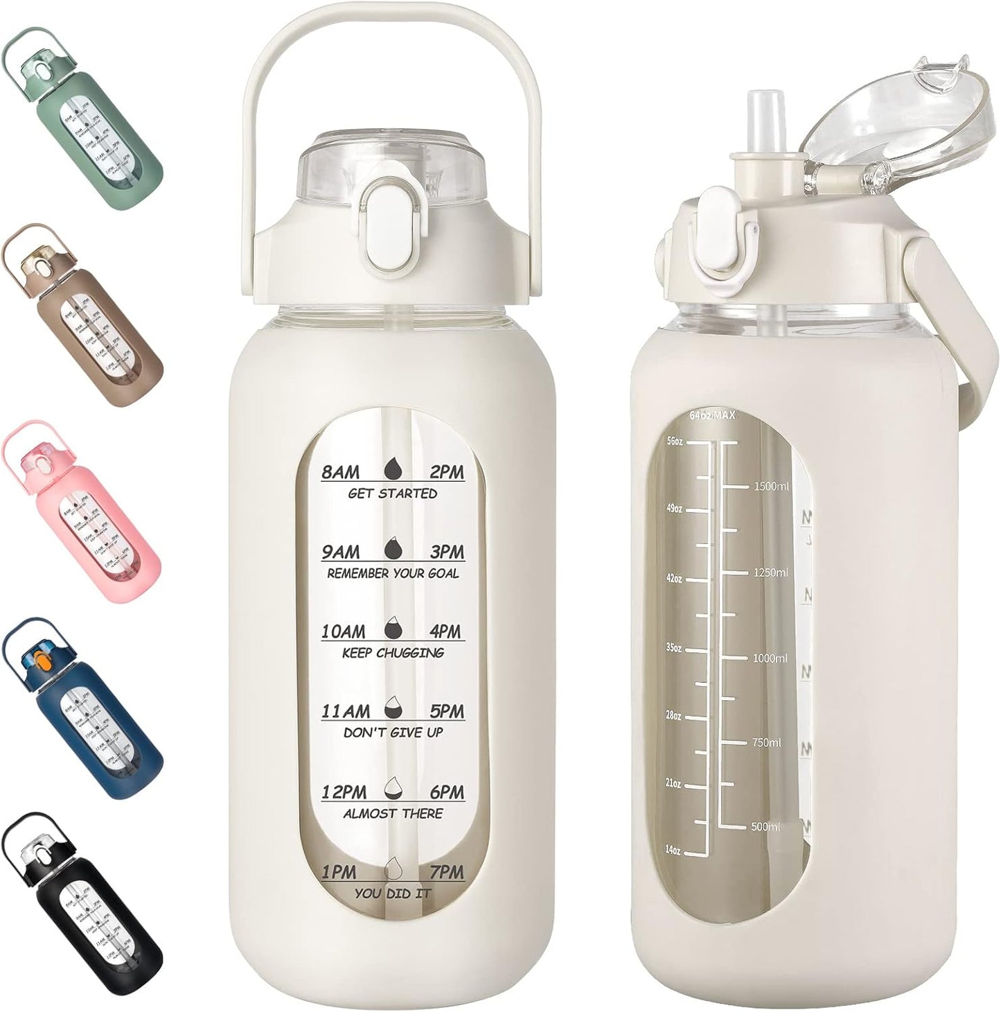 kytffu 64oz Glass Water Bottles with Straw, Half Gallon Motivational Glass Bottle with Silicone Sleeve and Time Marker, 2L Leakproof Large Glass Water Jug for Gym Home Office,White