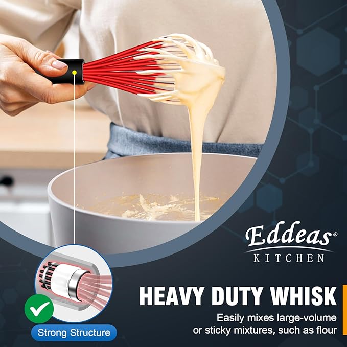 Silicone Whisk, 500°F Heat Resistant Whisks For Cooking, Non-Scratch Coated Whisks set of 3 7",9"&11inch, Balloon Kitchen Wisk tool Set, for Wisking, Blending, Beating, Stirring, Red