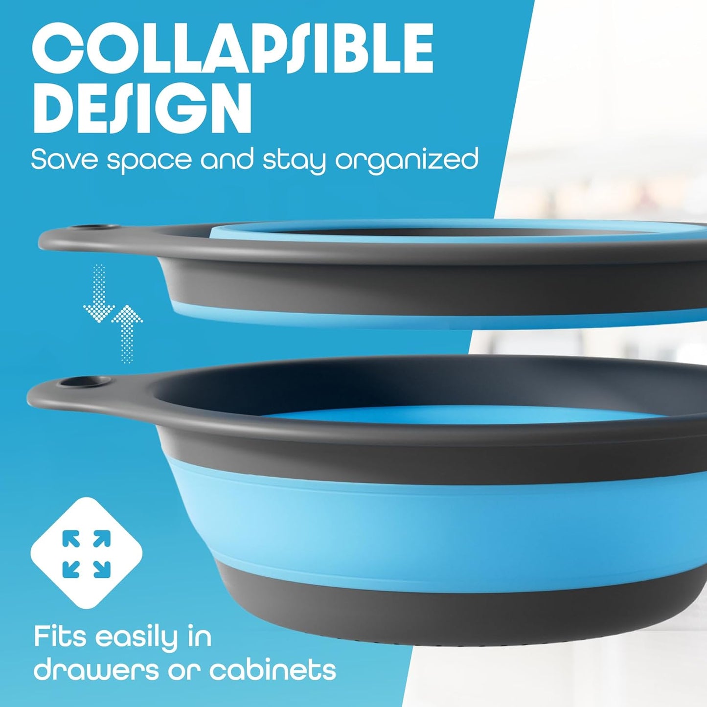 Strainer with Self-Draining Base (5QT) Over-Sink Collapsible Kitchen Colander Set with Side-drain Base for Pasta Vegetables and Fruit, XL Large Capacity, Dishwasher Safe (5-Quart) Blue/Gray