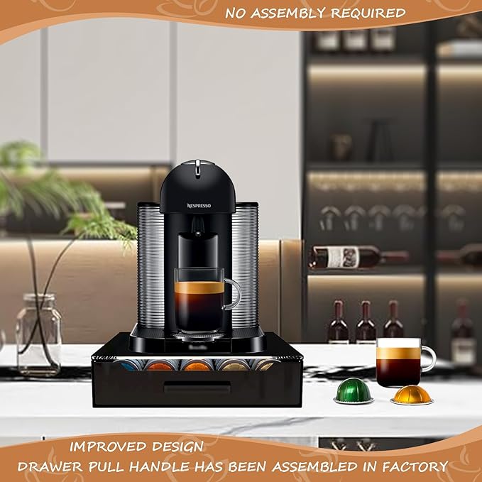 Vertuo Pod Holder Drawer with Deluxe Black Tempered Glass Top, Compatible for Nespresso VertuoLine Pods, Holds up to 75 Small or 50 Big Vertuo Pods Compact Design (Piano Black Nespresso Pods Holder)