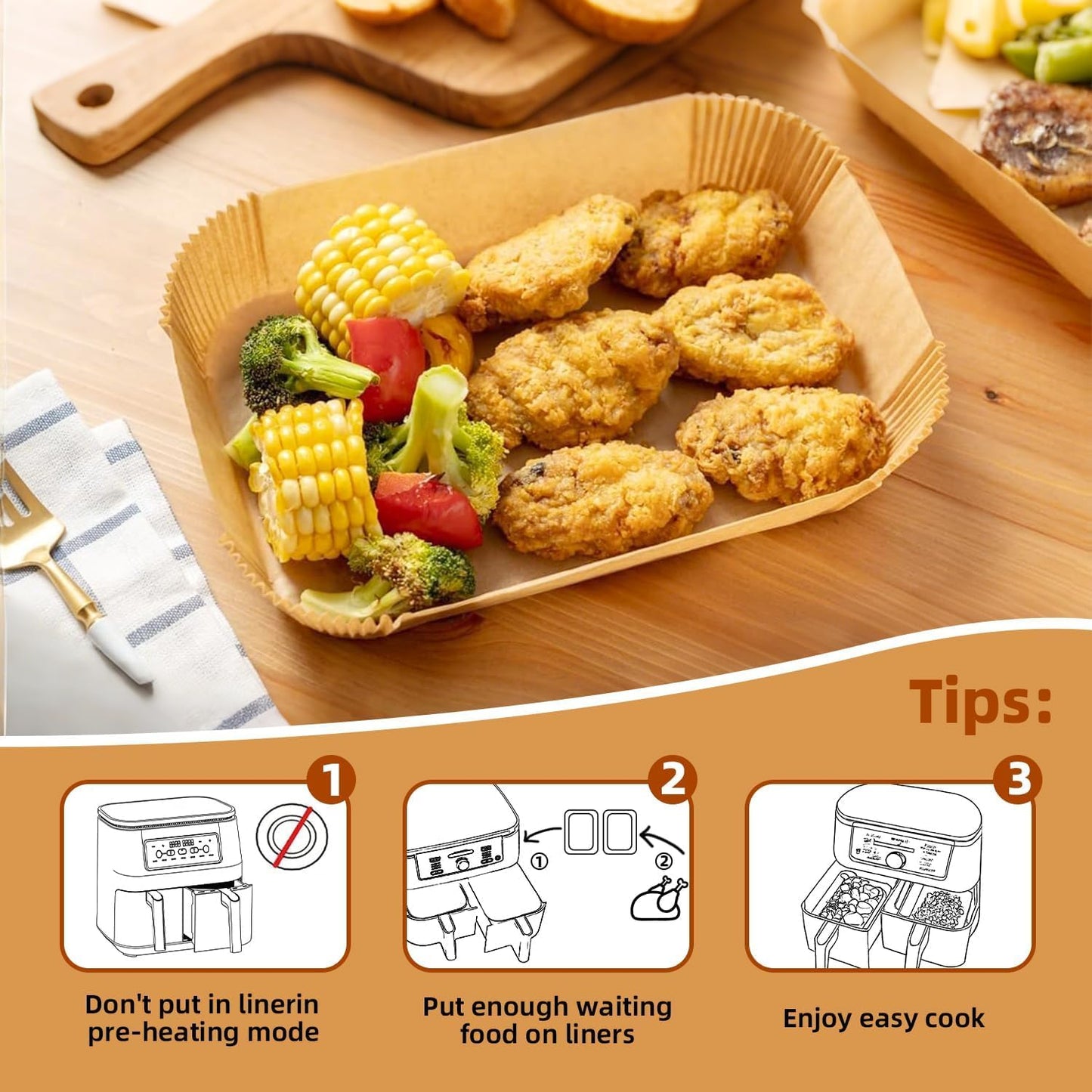 Air Fryer Paper Liners for Dual Zone Airfryer, 200pcs 8.1x5.5 inch Rectangle Disposable Inserts for Ninja Foodi DZ201 DZ401 DZ550 other 8-10 qt 2-Basket Air Fryers, Food Grade BPA Free