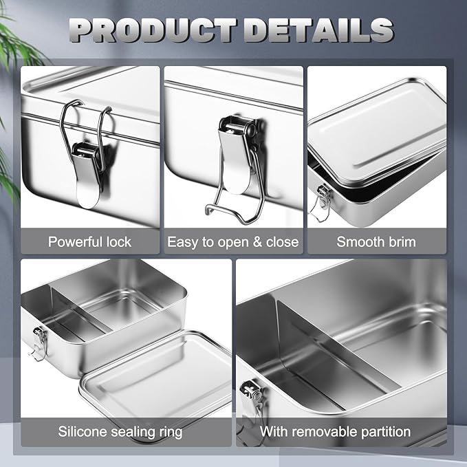 Umigy 8 Pcs Stainless Steel Food Containers 1400ml Metal Bento Lunch Box Stainless Steel Food Storage Containers, Lockable Clips to Leak Proof, Reusable Dishwasher Snack Boxes for Work