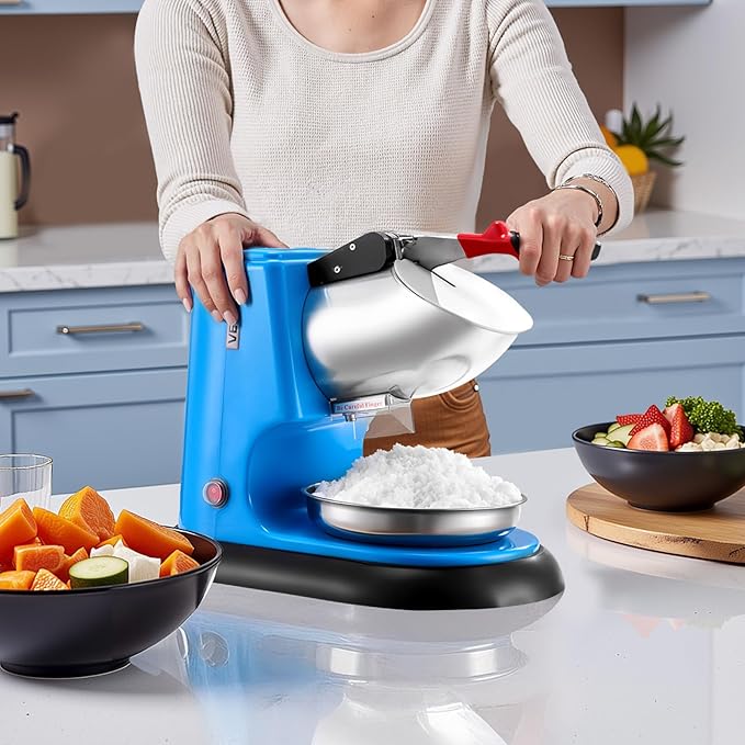 VEVOR Ice Crusher Machine, 220lbs Per Hour Electric 4 Blades Snow Cone Maker, Stainless Steel Shaved Ice Machine with Bowl and Cover, 300W 1400RPM Ice-Shaver for Home and Commercial Use, Blue