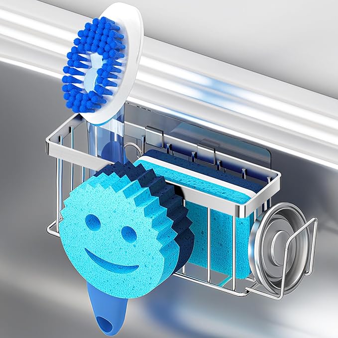 Sponge Holder for Kitchen Sink,Sink Caddy Smiley Face,4-in-1 Sponge Holder with Suction Cups & 1 PCS Adhesive Strips for Holding Soap,Brush,Scrubber,Sponge,Stopper-Silver