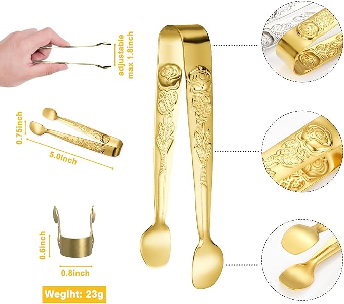 6PCS Mini Serving Tongs 5-Inch Small Rose Sugar Cube Appetizer Tongs, Tiny Metal Tong for Tea Party, Coffee Bar, Desserts (Gold)