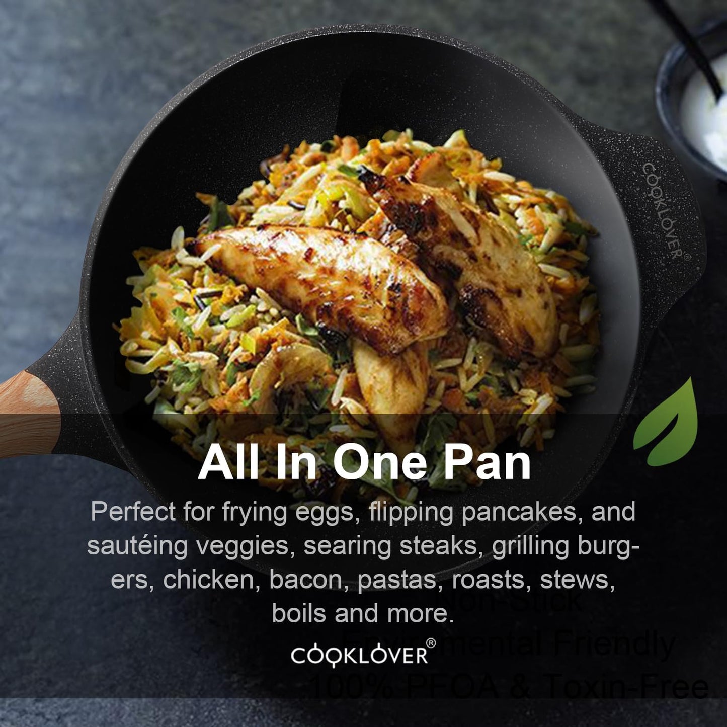 COOKLOVER Nonstick Woks And Stir Fry Pans Die-cast Aluminum Scratch Resistant 100% PFOA Free Induction Wok pan with Lid 12.6 Inch - Black