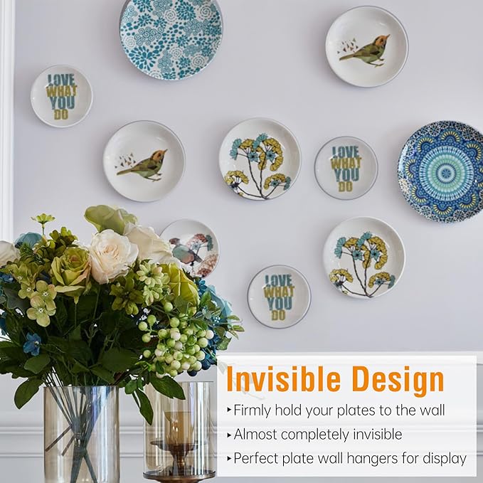 Bilillo 6 Pieces Invisible Heavy Duty Plate Holder, Stainless Steel Plate Hangers for The Wall, Plate Hangers for Display with Wall Hooks, Suitable for 4-5 inch Decorative Plates and Arts (Silver)