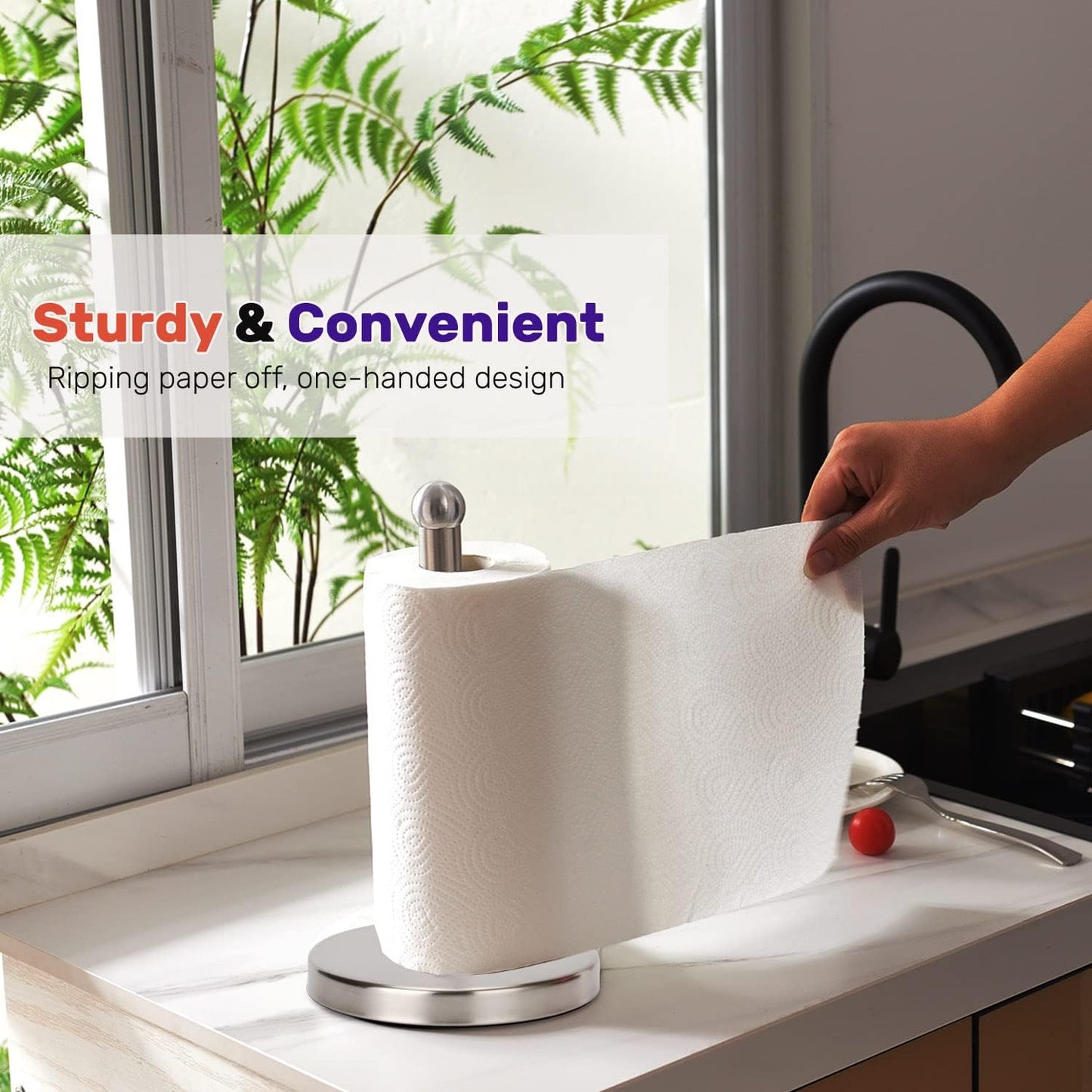 Heavy Weighted Towel Holder, Easy One-Handed Design for Kitchen Stand Dispenser, Sturdy Base for Standard and Mega Paper Rolls (Brushed - Stainless Steel Base)