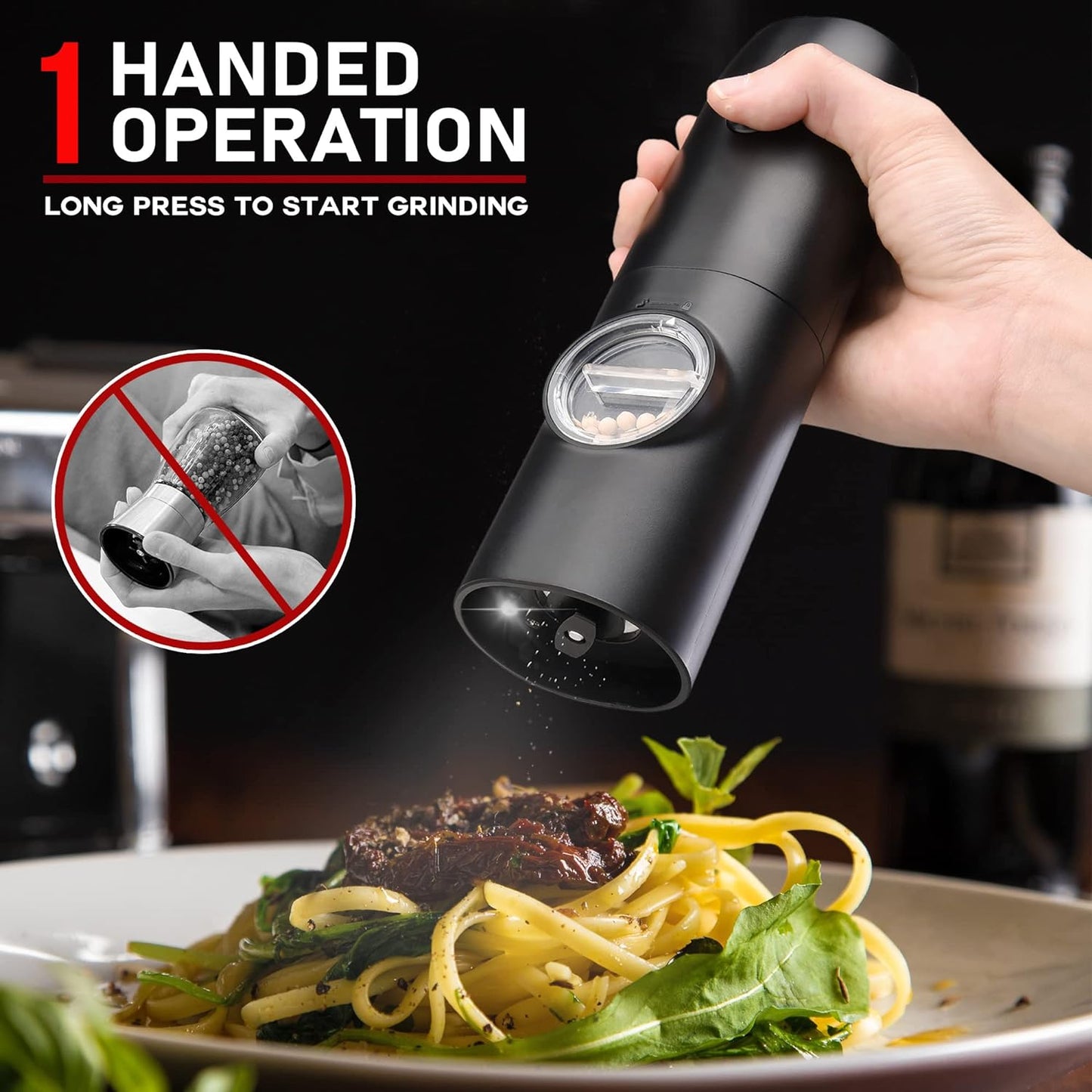 Electric Salt and Pepper Grinder Set of 2, Automatic Pepper Mill,USB Rechargeable, Adjustable Coarseness, One-handed Operation, Ceramic Burr, Refillable, Auto Grinders with Charging Base LED Light