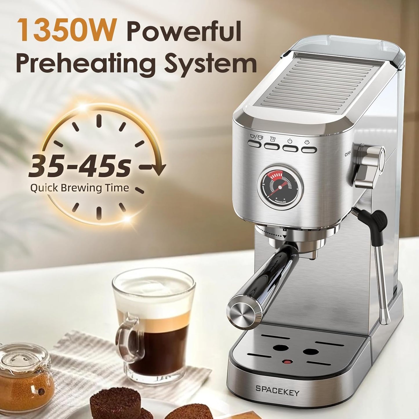 Spacekey Espresso Machine 20 Bar, Professional 1350W Espresso Maker with Milk Frother, Compact Stainless Steel Cappuccino & Latte & Americano Maker with 39oz Removable Water Tank, Silver