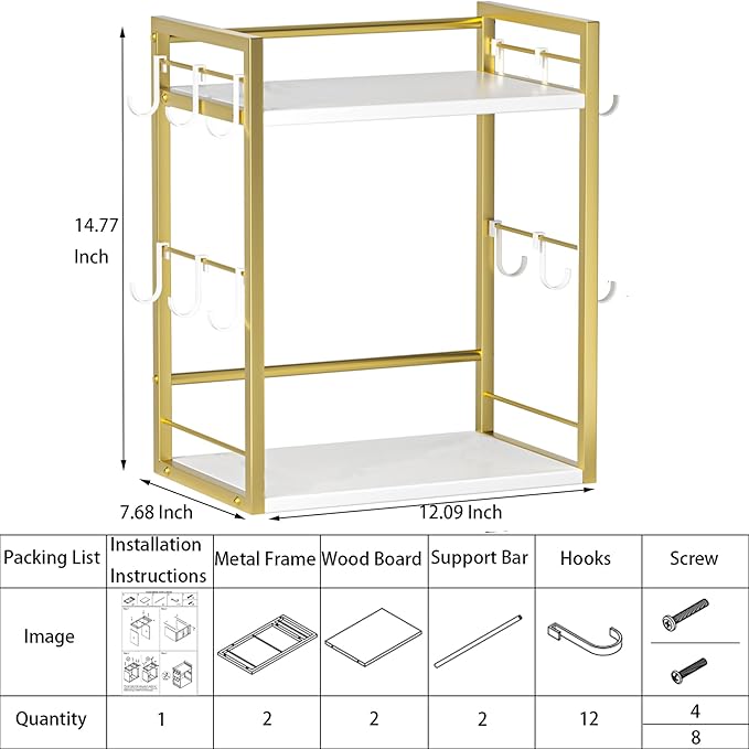 Dorhors 2 Tier Coffee Bar Accessories and Organizer,Multi-functional Mug Holder with 12 Hooks,Wood Coffee Station Organizer,Kitchen Countertop Shelf (Gold + White)
