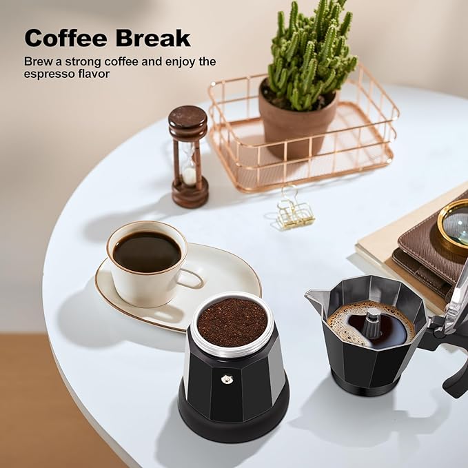 Electric Aluminum Moka Pot 5-6 Cup 270ml Espresso Maker with Detachable Base Ideal Coffee Makers for Home MochaPot Italian and Cuban Café Coffeemaker Espressomaker CoffeePot Black