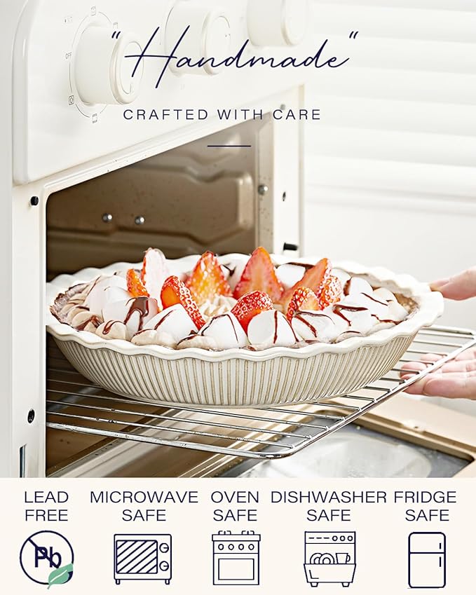 getstar Ceramic Pie Pan Set of 2, 9 inch Pie Dish for Baking, Non-Stick, Oven & Dishwasher Safe, Farmhouse Decor Quiche Baking Dish, Pie Plate, Deep Dish Pie Pan (Embossed Stripes+Dots)