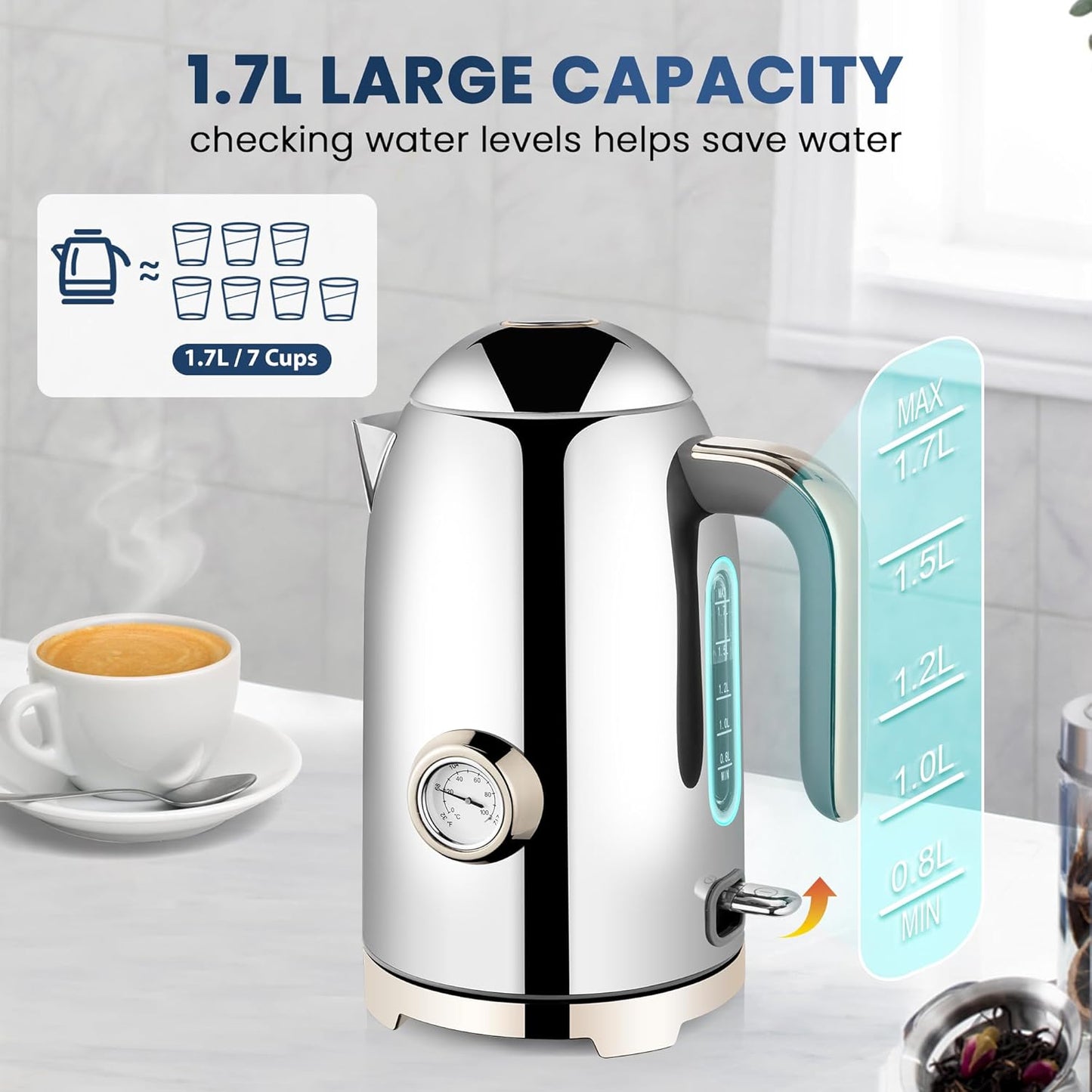 SUSTEAS Electric Kettle - 57oz Hot Tea Water Boiler with Thermometer, 1500W Fast Heating Stainless Steel Pot, Cordless LED Indicator, Auto Shut-Off & Boil Dry Protection, Silver