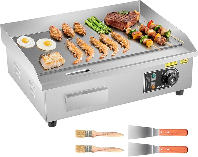 VEVOR Commercial Electric Griddle, 21.06 x 11.81 inch, 3200W, 122-570°F Adjustable Temp Control, Stainless Steel Body, Full Flat, with 2 Spatulas, 2 Brushes, and 4 Foot Pads, for Steak, Pancake