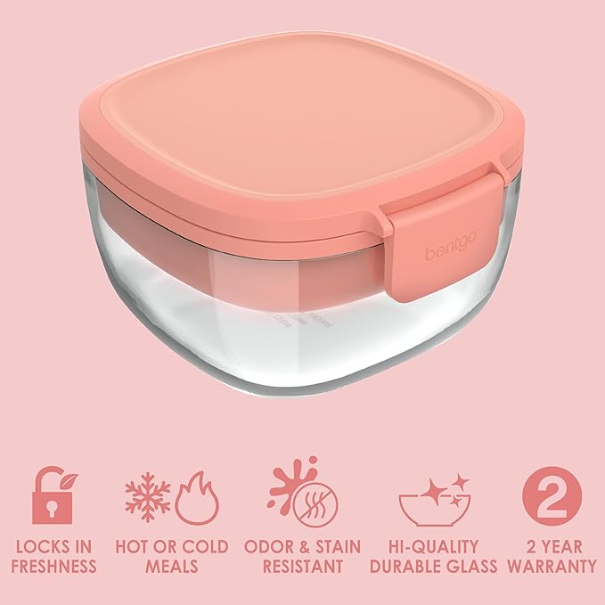 Bentgo Glass All-in-One Salad Container - Large 61-oz Salad Bowl with Lid, 4-Compartment Bento-Style Tray, 3-oz Sauce Container, and Reusable Fork - Dishwasher, Microwave, and Oven Safe (Coral)