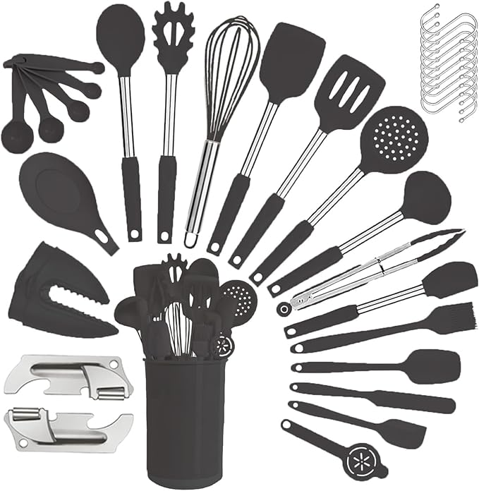 Silicone Kitchen Cooking Utensils Set with Stainless Steel Handle, Spatula Set Utensil Set, Cooking Utensil Set,Kitchen Tools Gadgets for Nonstick Cookware (35, Black)