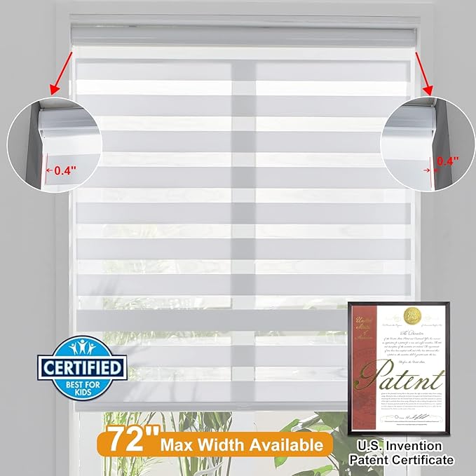 Persilux Zebra Blinds Cordless, Zebra Roller Shades for Windows (32.5" W x 72" H, White) Light Filtering Day and Night Window Drapes Sheer Shades for Home, Bedroom and Sliding Door Easy to Install