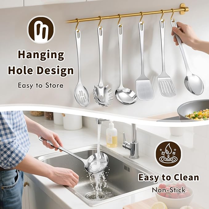 6 Pcs Cooking Utensils Set, Stainless Steel Kitchen Utensils, Heat Resistant Metal Kitchen Tools Include Solid & Slotted Turner Wok Spatula, Serving Spoon, Ladle, Pasta Server, Easy to Clean, Silver