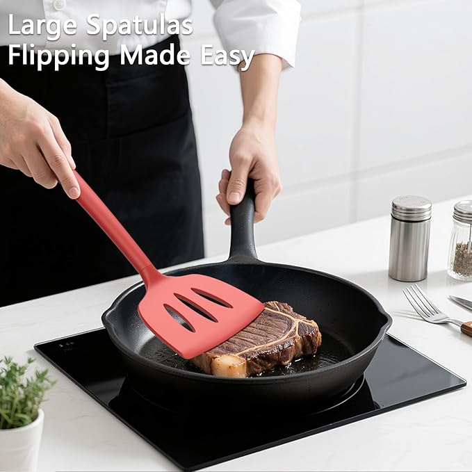 Coukre 3 Pack Silicone Spatula Set, High Heat Resistant, BPA-Free, Fish Spatula, Solid & Slotted Turner for Non-Stick Pans, Flipping Eggs, Pancakes, Fish, Burgers (3, PureRed)