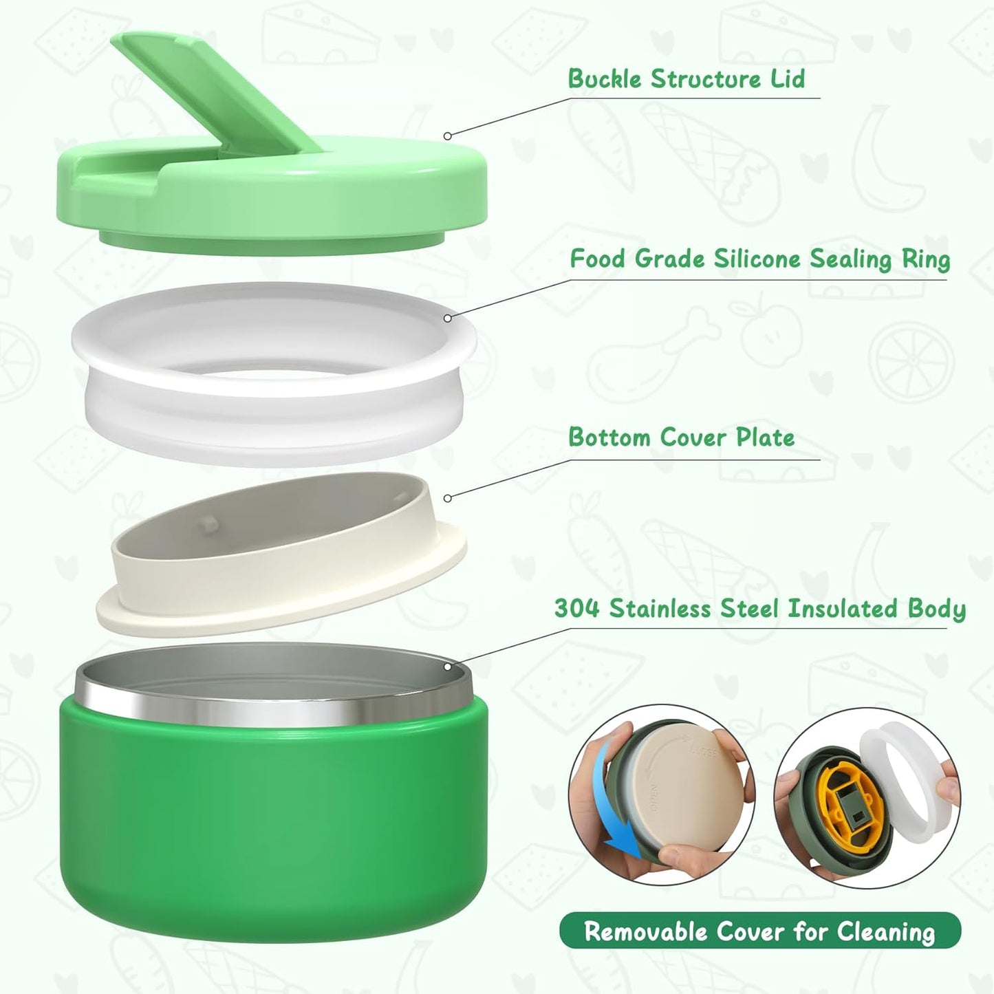 Bento Lunch Box with 8oz Soup Thermo, Leak-Proof Lunch Containers with 4 Compartment, Thermo Hot Food Jar and Insulated Lunch Box for School Green