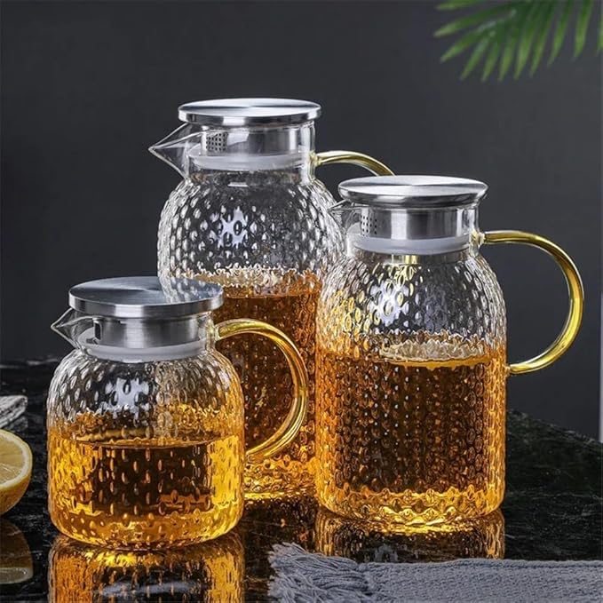 GRFIT Glass Water Pitcher with Filter Lid and Spout Pourer Heat Resistant Glass Pitcher for Hot and Cold Drinks Tea Bottle Ice Cream Homemade Water Jug (1.8L)