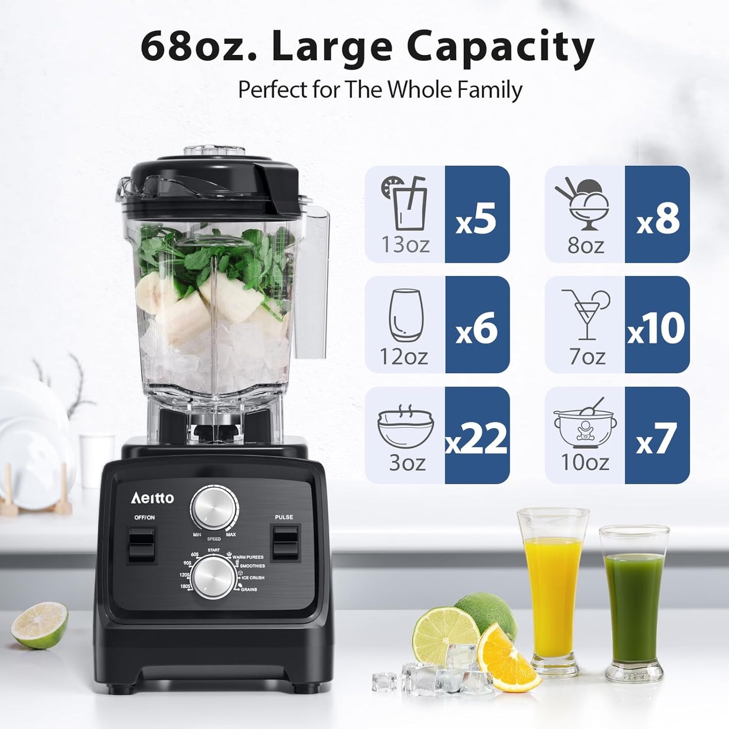 Aeitto Blenders for Kitchen, 68Oz. Large Capacity, 2-in-1 Blender & Grinder Combo, BPA-Free Countertop Professional Blender for Smoothies, Ice Crush, Frozen Drinks, Black