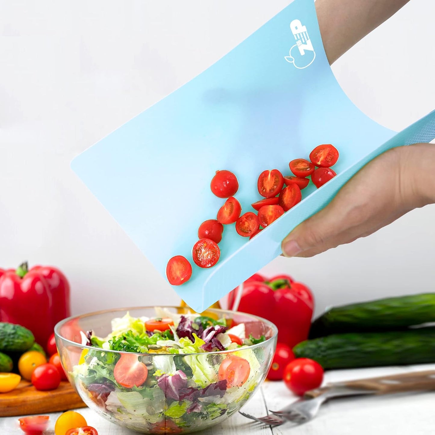 ZVP Flexible Plastic Cutting Board Set of 5 Gradient Color, Colorful Chopping Boards, BPA Free Mats, Non-Slip, Dishwasher Safe, 15x12 Inch, Blue Multi-Color