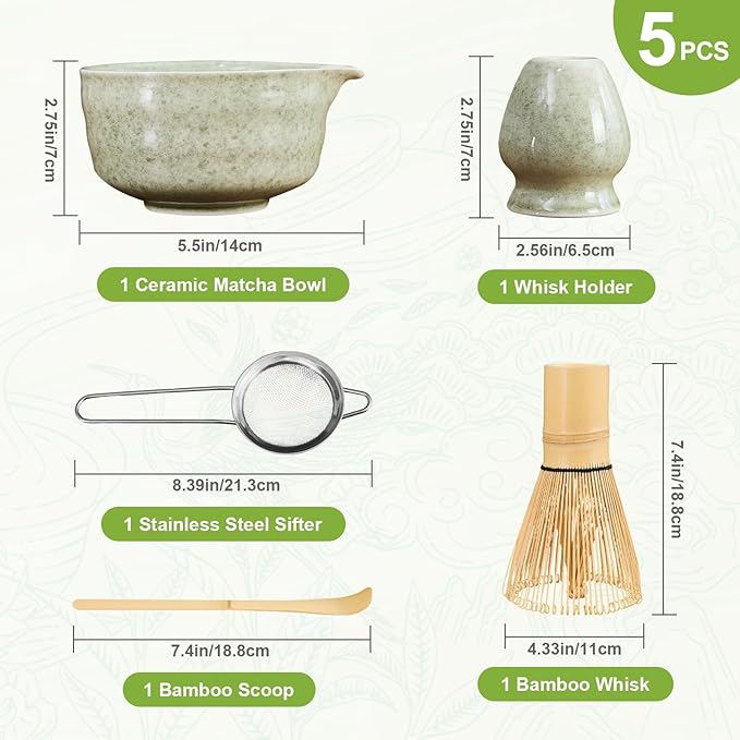 5Pcs Matcha Whisk Set - Matcha Bowl with Spout, 100% Bamboo Whisk (Chasen), Holder, Stainless Sifter, Tea Scoop. Japanese Ceremony Matcha Kit for Beginners, Ideal Gift for Tea Lovers (Green)