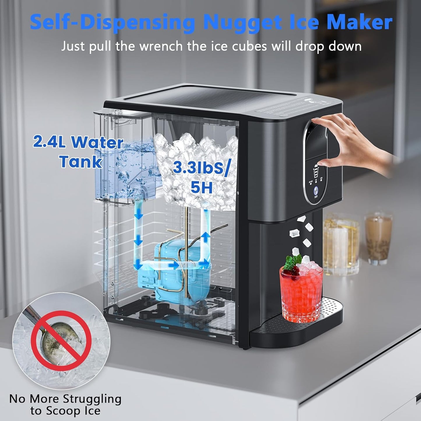 Nugget Ice Makers Countertop, Pebble Ice Maker Machine with Dispenser 44lbs/24H, Soft Chewable Pellet Ice Machine, 3.3lbs Ice Storage, Self-Cleaning Ice Maker for Home/Kitchen/Party/Office, Black