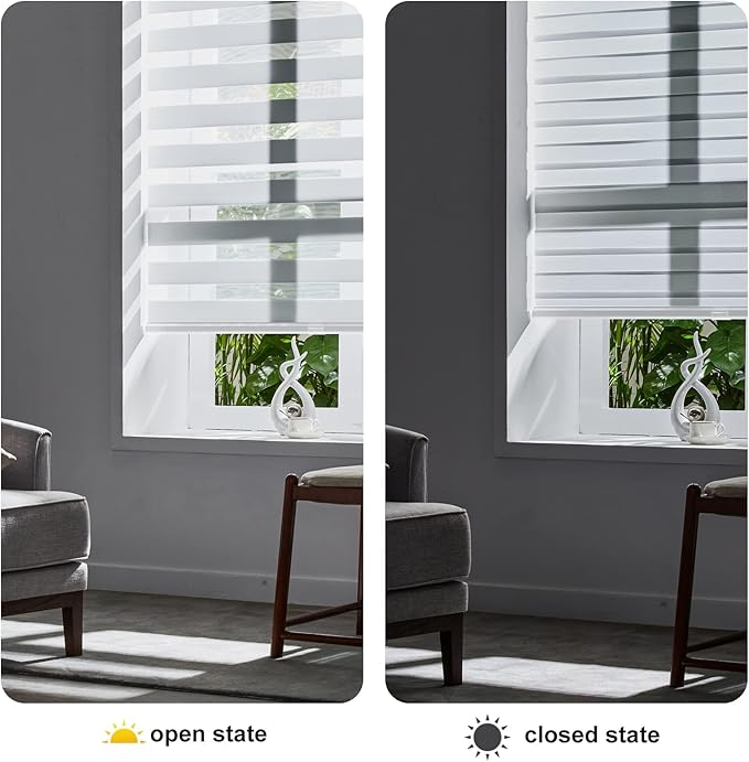 Persilux Zebra Blinds for Windows, Cordless Roller Shades for Windows Room Darkening Roller Blinds (31.5" W x 72" H, White) Light Control for Day and Night Sheer Shades for Home and Bedroom