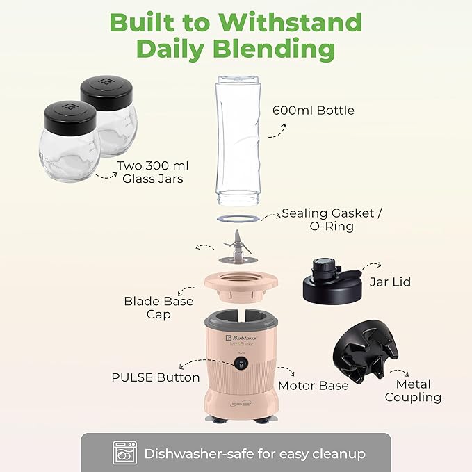 Mix&Shake Blender, 20 oz Portable Blender, 600W Motor, Pulse, ON/OFF, Stainless Steel Blades, Shakes, Sauces, Smoothie Maker, (1) 20 oz To-Go Bottle, (2) 10 oz Glass Jars, Pink, MSKM-600 2PS