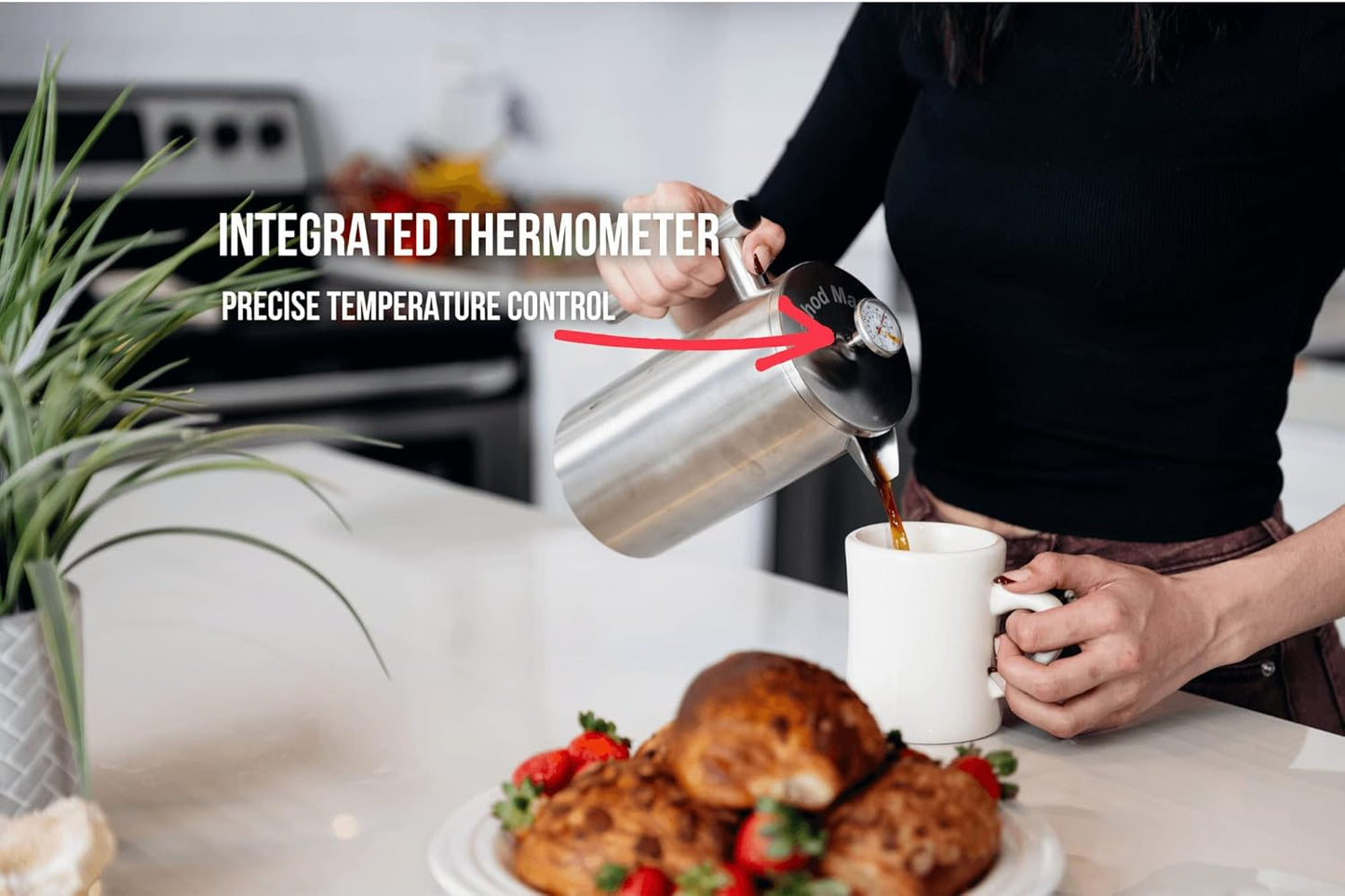 Barista Warrior French Press with Thermometer - Insulated Coffee Press - Stainless Steel Coffee Maker (1.0L | 34 fl oz) (White)