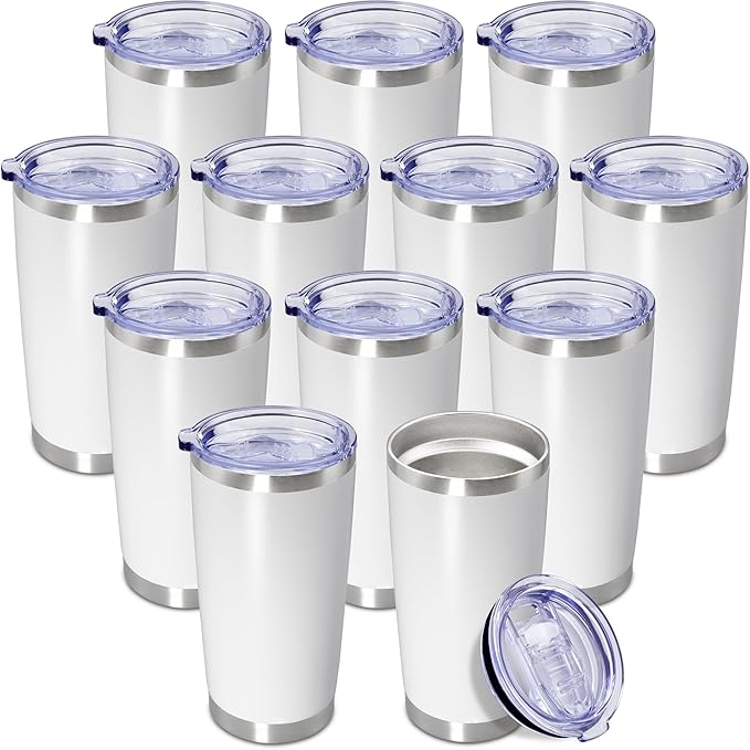 20 oz Tumbler Coffee Travel Tumblers Bulk with Lid Stainless Steel Double Wall Vacuum Insulated Mug Powder Coated Cups fit Car Cupholder for Hot and Cold - White, 12Pack