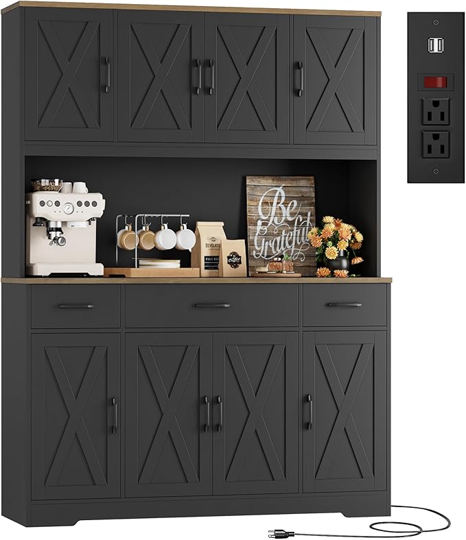 HOSTACK 71" Tall Kitchen Pantry Storage Cabinet with Charging Station, 55" Wide Kitchen Hutch Cabinet with Large Countertop, Farmhouse Food Pantry with Drawers for Living Room (Black)
