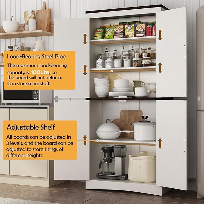71in Farmhouse Kitchen Pantry Cabinet,Tall Storage Cabinet with 4 Doors and Adjustable shelves,with Load-Bearing Steel Pipe,Wood Storage Cabinets for Kitchen,Dining Room,Bathroom(White)