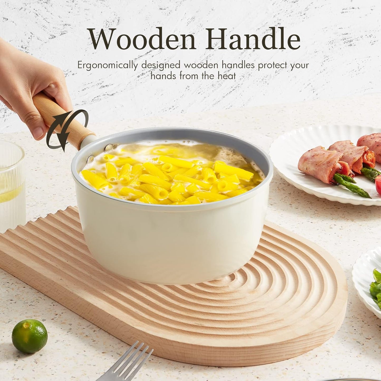 ROCKURWOK Ceramic Nonstick Sauce Pan with Lid, 1.5 Qt Small Pots for Cooking, Small Pot Wooden Handle for Cool Touch, Non Toxic & Pfas-Free Saucepan, Universal Base(Gas, Electric & Induction), White