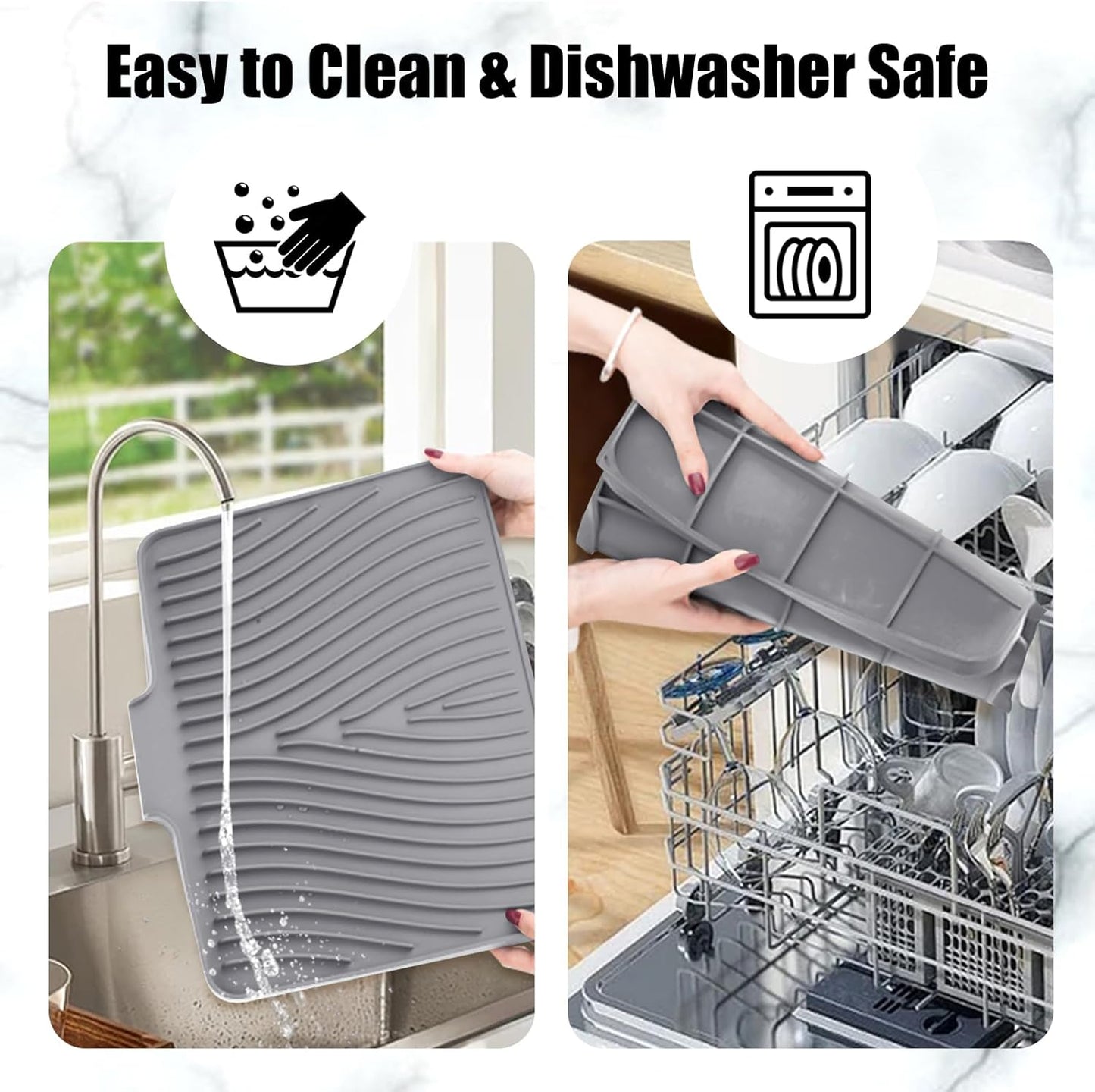 Dish Drying Mat, Stone Drying Mat for Kitchen Counter with Built-in Drain, Non-Slip Drying Matt Kitchen Counter, Heat Resistant Silicone Drying Mat, 2 Pcs(15.8"X 13", Grey)