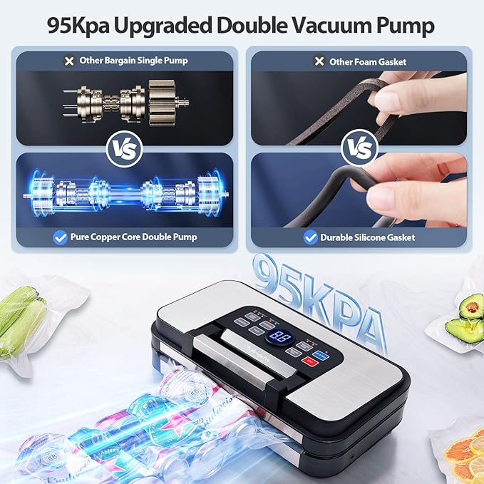 95Kpa Powerful Precision Pro Vacuum Sealer, with Double Heat Seal & Double Pump, Easy-Lock Handle, 10-in-1 Vacuum Sealer Machine for Food with Bags Storage, Built-in Cutter, Stainless Steel