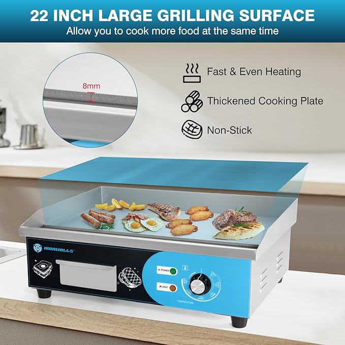 IRONWALLS Commercial Griddle Electric 22”, 3000W Electric Flat Top Grill, Stainless Steel Countertop Electric Griddle Nonstick with 122~572℉Adjustable Temperature Control for Restaurant Kitchen