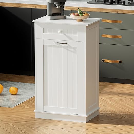 Wooden Tilt Out Trash Can Cabinet, 10 Gallon Dog Proof Garbage Can Holder, Kitchen Island with Laundry Hamper, White